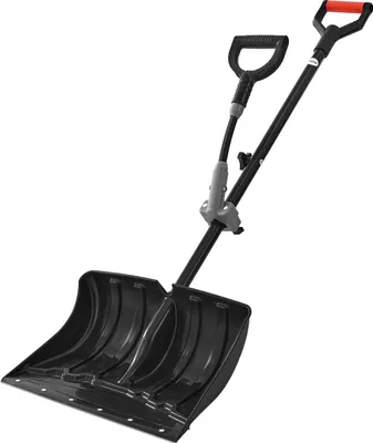 A black snow shovel with D-shaped handles and an auxiliary handle, shown against a white background.