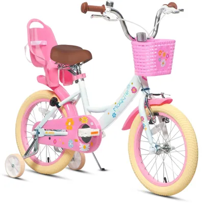 Kinderfahrrad 16 Zoll mit Puppensitz, Korb und Stützrädern, Weiß