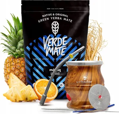 Obrázek produktu pro Verde Mate – Sada na čaj mate Más IQ 500 g – Hrnky na mate s vestavěným sítkem TermoColador v dřevěném vzhledu 350 ml – Silné lístky 5 mm – Soustředění, energie – Se sítkem, bombillou – Čisticí prostředek