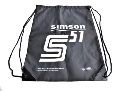 Produktbild von Simson Retro Sportbeutel aus Polyester, Schwarz mit Kordelzug, Simson S51 Motiv, strapazierfähig und robust
