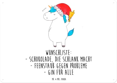Produktbild von Mr. & Mrs. Panda tafel Einhorn Weihnachtsmann DIN A3 - Weiß - Geschenk, Schild, Einhörner, Weihnachten, Schokolade, Wandbild, Nikolaus, Türschild, Deko, Blechschild