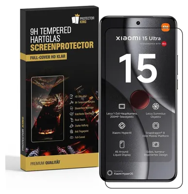 A product shot of a phone screen protector packaging next to the phone it is designed for.