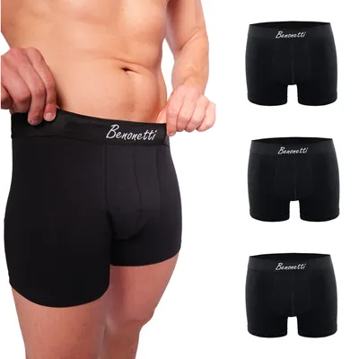 Produktbild von Benonetti Herren Boxershorts, atmungsaktive Baumwollunterwäsche mit Komfortbund, Bequem & langlebig, kein Aufrollen (3er Set, Schwarz, L)