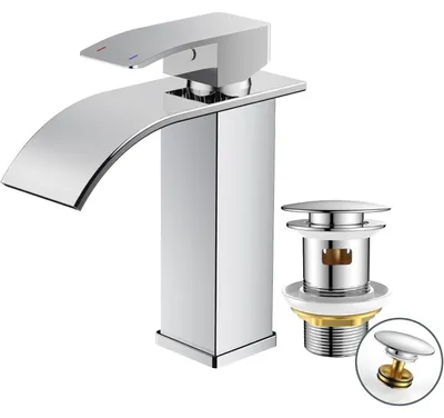 Productafbeelding van Douchekraan met afvoer, waterval wastafelmengkraan, éénhendel, chroom, 110mm