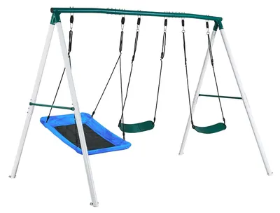 Image de Balançoire de jardin SucceBuy avec cadre métallique en forme de A et deux ceintures de sécurité, siège de balançoire (110 x 80 cm), capacité de charge jusqu'à 318 kg, ensemble de balançoire d'extérieur, stabilisée par des ancrages au sol en spirale