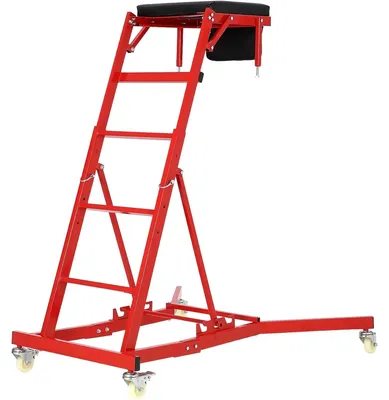Obrázek produktu pro Montážní vozík pro automobily – vozík do autoservisu – výškově nastavitelný (125–175 cm) – nosnost 181 kg – pevná kola – úložná kapsa na nářadí – červený