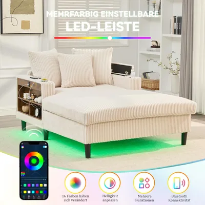 Produktbild von okwish Schlafsofa Cord-Liegesessel mit LED und Getränkehalter, 1-Sitzer-Sofa mit USB und Stauraum, Wohnzimmersofa in Beige