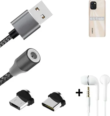 Produktbild von K-S-Trade® Hochwertiges Magnet-Lade-kabel Sync-Kabel Daten-Kabel + Kopfhörer kompatibel mit UMIDIGI Power 7 mit USB-Typ-C-Anschluss und