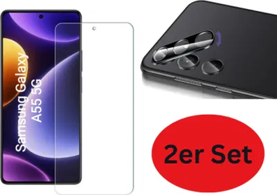 Produktbild von CLM-Tech 2er Set Schutzfolie kompatibel mit Samsung Galaxy A55 5G - 1X Panzerfolie + 1X Kameraschutz Kameraglas Panzerglas Displayschutz 9H Glas Displayfolie Schutzglas - Unterstützt Fingerabdruck-ID - Folie kristallklar