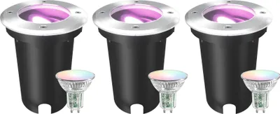 Produktbild von Ledvion 3er Set LED-Bodenstrahler für den Außenbereich, IP67, 4,9W, 230V, 345 Lumen, GU10, RGB, rund