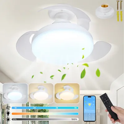 Obrázok produktu pre 48W 30cm stropný ventilátor s osvetlením a skrytými lopatkami, aplikácia/diaľkové ovládanie, LED stropné svetlo s ventilátorom malé stropy E27