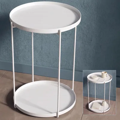 Produktbild von doporro Beistelltisch rund, Kleiner Tisch, Couchtisch rund mit 2 Ablagen und Metallgestell, 35 x 51cm, Beistelltisch Weiß Reglo-08