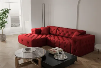 Produktbild von Ecksofa Designersofa CHANTAL in Stoff Opera Velvet Rubinrot Ottomane Links