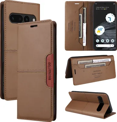 Collage of images showing a brown leather flip wallet phone case for a Google Pixel 7 Pro, with different angles and views of its features, including card slots and a stand function.