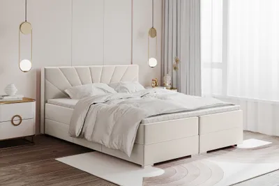 Produktbild von MEBLINI Boxspringbett mit Bettkasten - Gepolstert Doppelbett mit Matratze und Topper - Polsterbett mit Stauraum - Bett mit Kopfteil - Stauraumbett - JOHN - 180x200 - H3B/Creme Samt