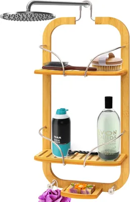 Produktbild von SereneLife Duschablage zum Hängen, Shampoo Halterung für Dusche aus Bambus, Duschregal ohne Boren, 3-stöckig Duschkorb zum Hängen - 62.5cm
