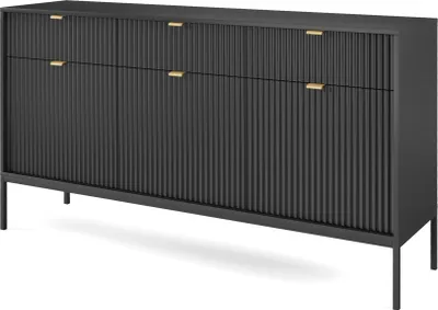 A black sideboard with fluted doors and gold handles, shown from a three-quarter angle on a white background.