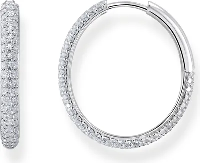 A pair of hoop earrings with small stones, displayed against a white background.