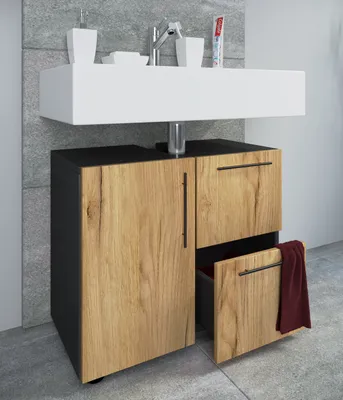 Produktbild von VCM Holz Waschbeckenunterschrank | Badschrank | Maße: H. 51 x B. 61 x T. 32 cm | 1 Drehtür | 2 große Schubladen | modernes Badezimmermöbel - Flandu
