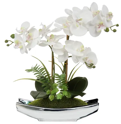 Künstliche Orchidee 38 cm, weiß, mit silbernem Topf