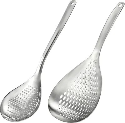 Produktbild von Schaumlöffel, 34 cm, großer Edelstahl-Schöpflöffel, Spinnen-Sieb mit Griff und Aufhängelöchern, Fritteusenschaufel, Küchensieb zum Kochen, Abtropfen und Braten, 2 Stück