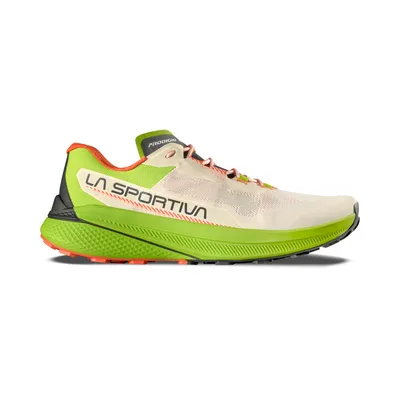 Trailrunning-Schuh "Prodigio" von La Sportiva in Beige und Grün; mit rutschfester Sohle und atmungsaktivem Obermaterial.