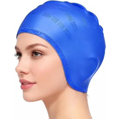 Produktbild von 3D Silikon Bademütze mit Ohrenschutz – Wasserdichte Schwimmkappe für Damen Herren & Jugendliche, Unisex Badekappe für langes & kurzes Haar – Blau