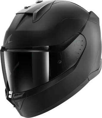 A black motorcycle helmet shown from a three-quarter angle.