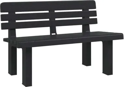 A dark gray plastic garden bench is shown against a white background.
