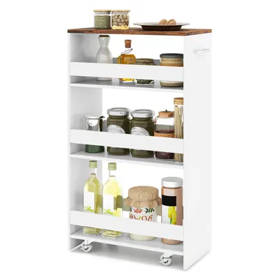 Produktbild von COSTWAY Nischenwagen 25cm breit, 4 Etagen Küchenwagen schmal, Nischenregal auf Rollen, Servierwagen mit Griff & Geländern, Badregal Holz, Weiß
