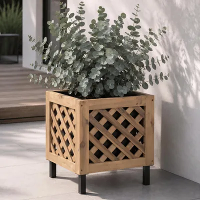 Immagine prodotto di Fioriera HWC-P86, vaso per fiori e piante, per interni ed esterni, in legno di acacia  MVG, 42x34x34 cm ~ marrone chiaro