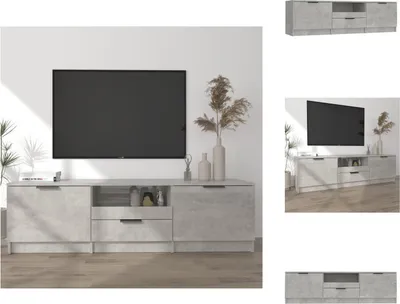 A TV stand with a TV mounted on the wall above it.