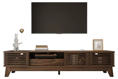 Imagen del producto de SKU N621P278611N, mueble bajo para televisión, 3 puertas, cajón, compartimentos abiertos, frente con diseño acanalado, MDF