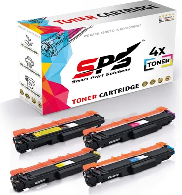 A box of toner cartridges with four individual toner cartridges displayed in front of it.