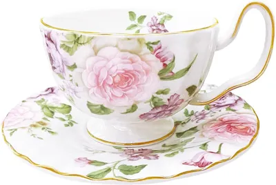 Zdjęcie produktu dla Filiżanka i spodek, 200 ml, porcelana, motyw kwiatowy, do herbaty