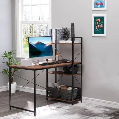 Image de Bureau HOMCOM, bureau d'ordinateur, bureau de travail avec étagère, noir et bois de noyer