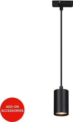 A black pendant light fixture hanging from a track system.