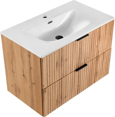 Produktbild von Waschtischunterschrank mit Waschbecken 80cm ADELAIDE-56 Wotaneiche mit gerillter Front, B/H/T ca. 81/58,5/46 cm