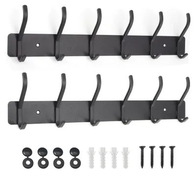 Produktbild von 2-teiliges Wandgarderoben-Set, Garderobe mit 12 Haken, Wandgarderobe für Schlafzimmer und Badezimmer, Haken für Mäntel und Handtücher (schwarz)