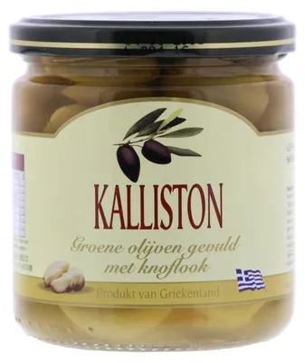 Obrázok produktu pre Kalliston zelené olivy s cesnakom 220 g – Aromatické zelené olivy s intenzívnym cesnakom