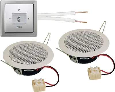 Produktbild von Busch Jäger Unterputz Bluetooth Radio 8217 U (8217U) PUR Edelstahl Komplett-Set + 2 x Deckenlautsprecher / Einbaulautsprecher + Radioeinheit inkl. Bedienelement + 1-fach Rahmen + 20 Meter Lautsprecherkabel 2x0,75 mm2 gratis