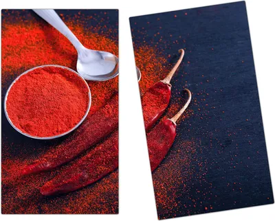 Produktbild von Spritzschutz Herdabdeckplatte Schneidebrett aus Glas Löffel und Chilipulver 2-Teilig (60x52cm)