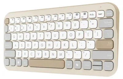 A close-up, angled view of a beige and white wireless keyboard on a white background.