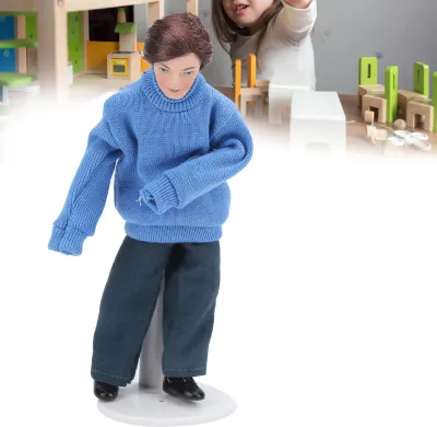 Produktbild von 1:12 Puppenhaus-Jungmann-Figuren, Miniatur-Porzellanmenschen mit blauer Pullover-Dekoration