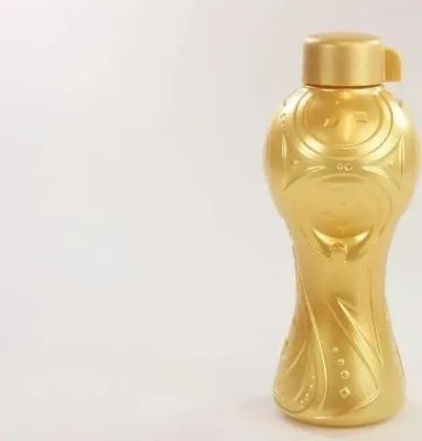 A gold-colored water bottle with embossed patterns, set against a plain white background.