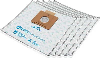 A stack of five white vacuum cleaner bags with blue patterns and text.