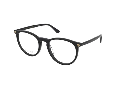 A pair of black Gucci eyeglasses with clear lenses, shown from a three-quarter angle against a white background.