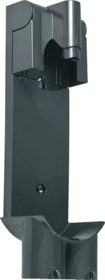 A dark gray wall mount for a vacuum cleaner.