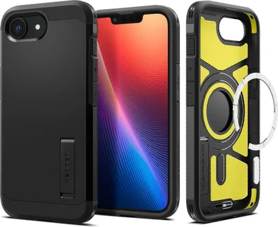 A black iPhone case is shown from multiple angles, including its interior and a close-up of its stand feature. A smartphone is also displayed within the case.