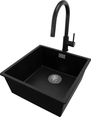 Produktbild von PRIMAGRAN Unterbauspüle Granit Schwarz 46x47cm, Spülbecken 1 Becken + Küchenarmatur 40x20cm + Ablauf-Set, Granitspüle ab 50er Unterschrank - London